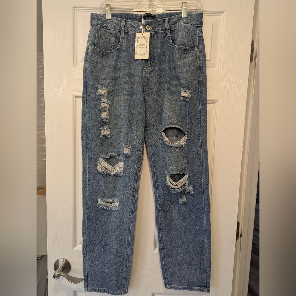 NWT Coeur De Vague Women's Distressed High Waisted Blue Zip Jeans Ripped Size M